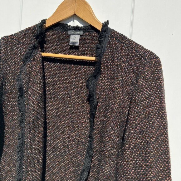 Ann Taylor Cardigan Sweater Orange Pink Black Open Fringe Knit Large - Picture 2 of 6